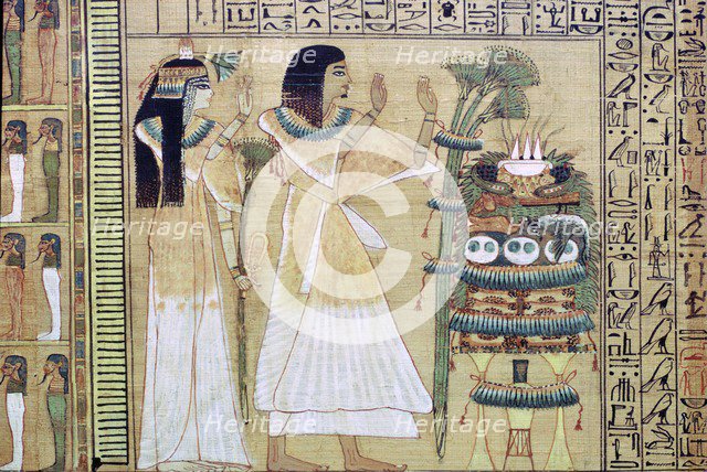 A man and his wife making offerings to Osiris, from the Egyptian Book of the Dead. Artist: Unknown