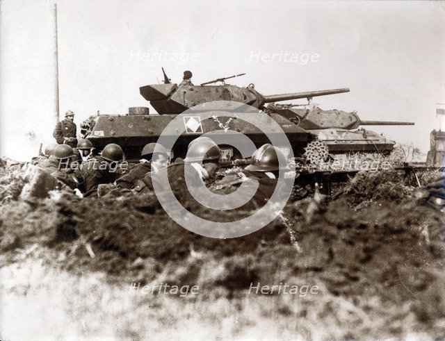 French tanks and soldiers at the front, Alsace, France, World War II, 1944. Artist: Unknown