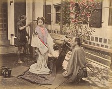 [Japanese Woman in Traditional Dress Posing with Two Men], 1870s. Creator: Unknown.