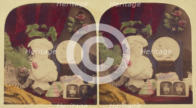 Still life of a bust, stereograph, flowers, and a medallion of Giuseppe (?), about 1860. Creator: Unknown.
