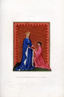 Occleve presenting his book to Henry V, c1410, (1843).Artist: Henry Shaw