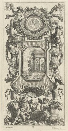 Ornamental Panel Surmounted by a Bust of a Woman and Two Putti with Flaming Trumpets, 1647. Creator: Michel Dorigny.