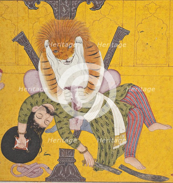 Narasimha Disemboweling Hiranyakashipu, Folio from a Bhagavata Purana, between c1760 and c1770. Creator: Unknown.
