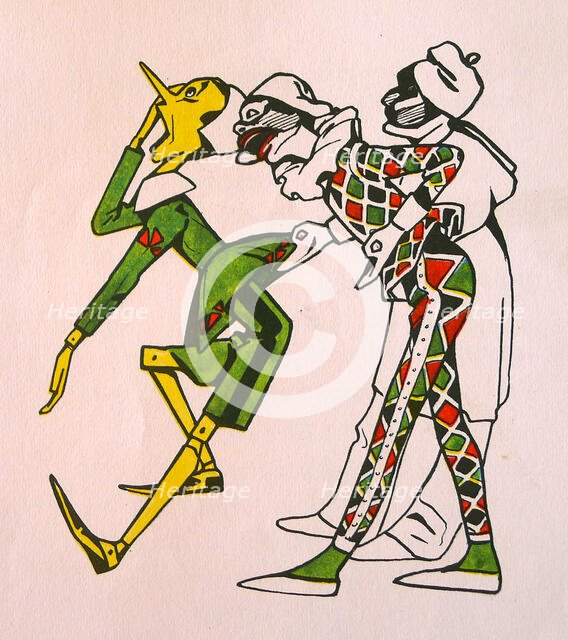 Pinocchio with Harlequin and Pulcinella, 1911. Creator: Attilio Mussino.