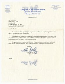 Letter from US Representative Tom DeLay to Carl Lewis, August 27, 1996. Creator: Unknown.