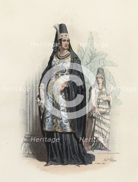Arab women in the modern age, color engraving 1870.