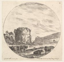 Plate 13: ruins of an ancient temple in the background, a herd of cows in the foreg..., ca. 1643-48. Creator: Stefano della Bella.