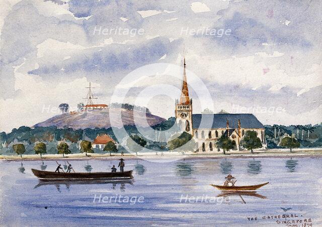 Singapore: view across the harbour to Fort Canning and the cathedral, 1879. Creator: John Edmund Taylor.