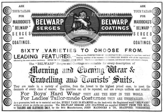 '' Maddocks "Belwarp" Serges and Coatings', 1890. Creator: Unknown.