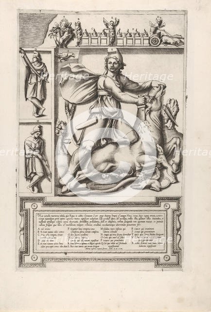 Relief with Mithras kneeling upon a bull and driving a sword into its shoulder, at left tw..., 1564. Creator: Unknown.