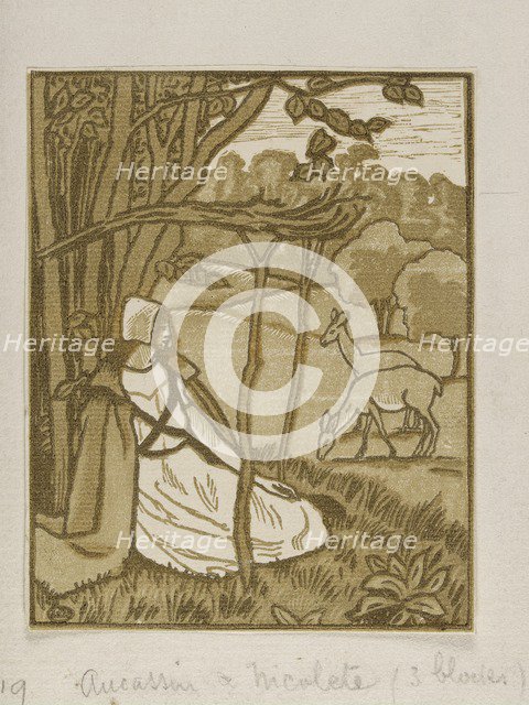 Girls seated under tree with deer,  wood engraving of Lucien Pissarro, c1880-1940. Artist: Lucien Pissarro.