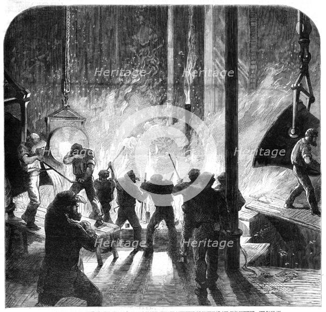 Casting a monster cylinder for Her Majesty's armour-plated frigate Agincourt at Maudslay..., 1862. Creator: Unknown.