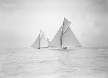 The cutters 'Rosamond', 'Carina' and 'Sonya' racing downwind, 1911. Creator: Kirk & Sons of Cowes.