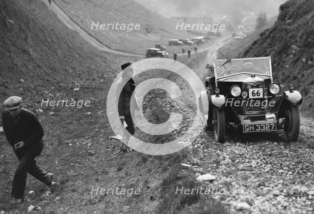 Riley of CJ Johannson competing in the MCC Sporting Trial, Litton Slack, Derbyshire, 1930. Artist: Bill Brunell.