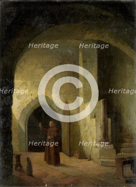 A monk in a cellar, holding a glass, 1800-1900.  Creator: F. Taupel.