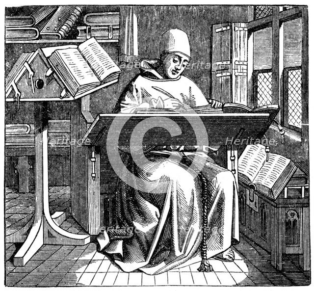 Monk at work on a manuscript in the corner of a scriptorium, 15th century. Artist: Unknown