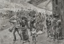 "Puerta del Sol" (Gate of the Sun), Madrid, 1878. People walking surprised by the wind.  Creator: Enrique Alba.