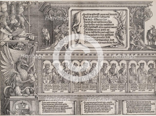 The Upper Section of the Right Portal, with the Inscription on a Stag Skin; a Frieze with ..., 1515. Creator: Hieronymus Andreae.