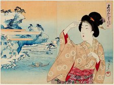 Bushu, Hanagaura, from the series Comparison of Famous Places and Beauties, 1898. Creator: Chikanobu, Toyohara (Yoshu) (1838-1912).