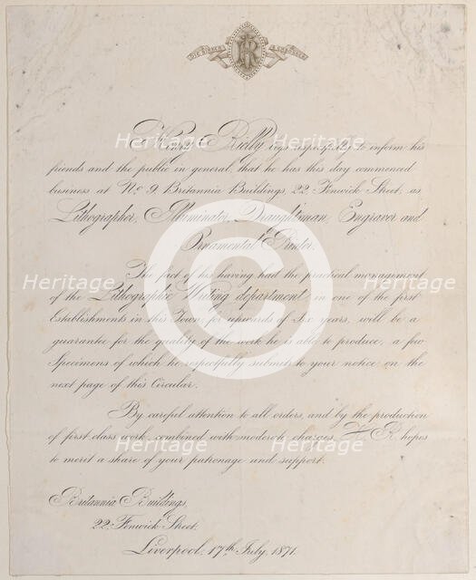 Trade card for Henry Rielly, lithographer, illuminator, draughtsman, engraver, and..., 19th century. Creator: Anon.