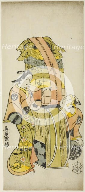 The Actors Ichikawa Danjuro II as Kamada Matahachi and Ichikawa Monnosuke I as Hisamatsu i..., 1720. Creator: Torii Kiyonobu I.