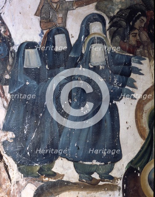 Veiled women in mourning dresses, for the death of their husbands in combat, 17th century murals.