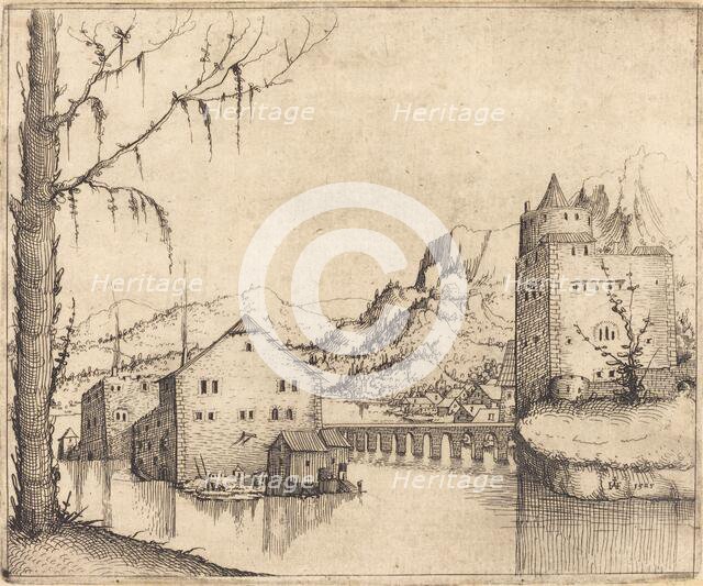 River Landscape with Two Buildings, 1545. Creator: Augustin Hirschvogel.