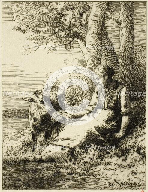 Shepherd with Flock of Sheep at Edge of Wood, n.d. Creator: Charles Emile Jacque.