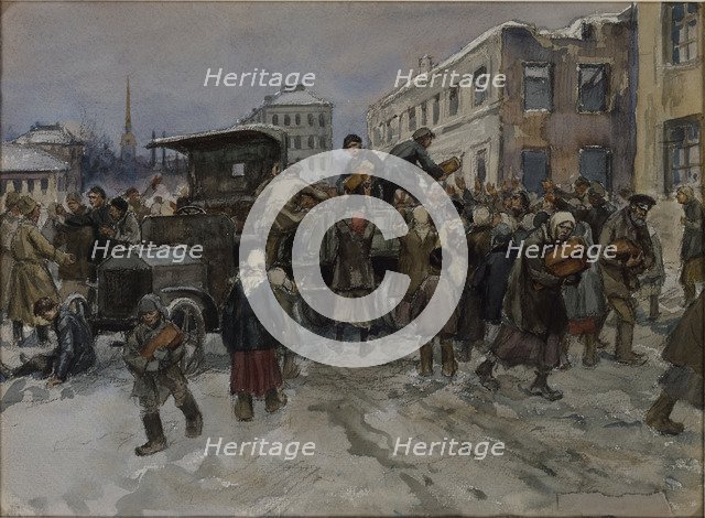 Hungry workmen in Petrograd robbing a military lorry of bread, 1920.