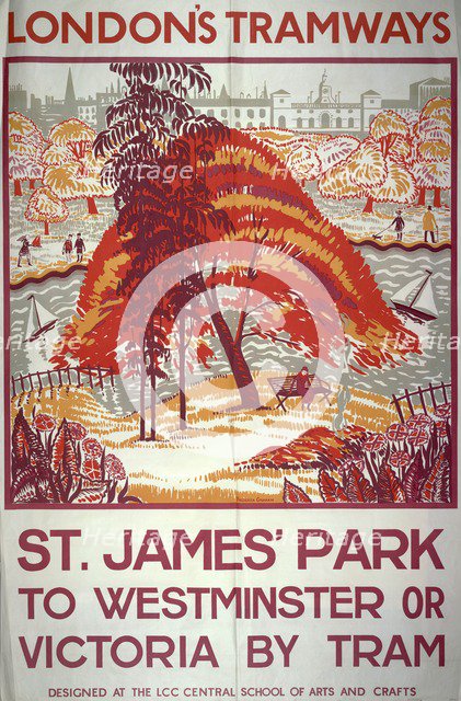 'St James' Park to Westminster or Victoria by Tram', London County Council Tramways poster, 1925. Artist: Frederick Graham