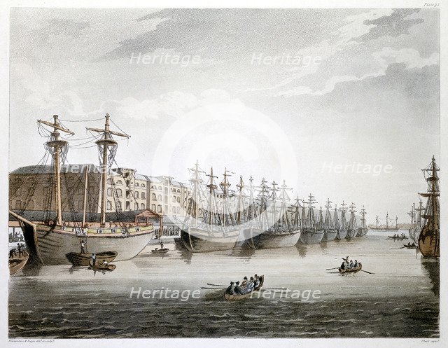 West India Docks, London, 1808-1810. Artist: Augustus Charles Pugin
