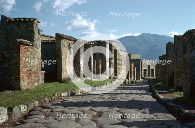 Street scene in Pompeii with Vesuvius in the background, 1st century. Creator: Unknown.