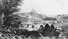 Fuegians at Woollya, with the Fitzroy expedition's camp in the background, 1831 (1839). Artist: Unknown