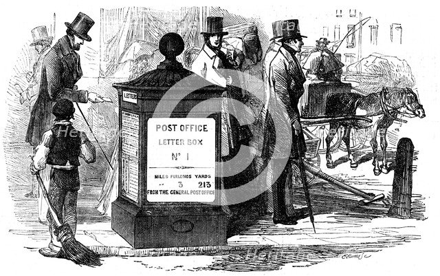 One of London's first pillar (letter) boxes, 1855.  Artist: Anon