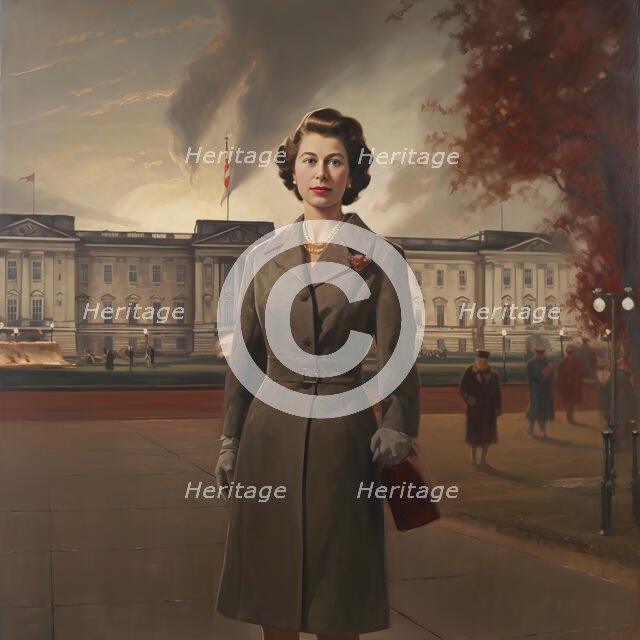 AI IMAGE - Portrait of Princess Elizabeth in front of Buckingham Palace, 1950s, (2023). Creator: Heritage Images.