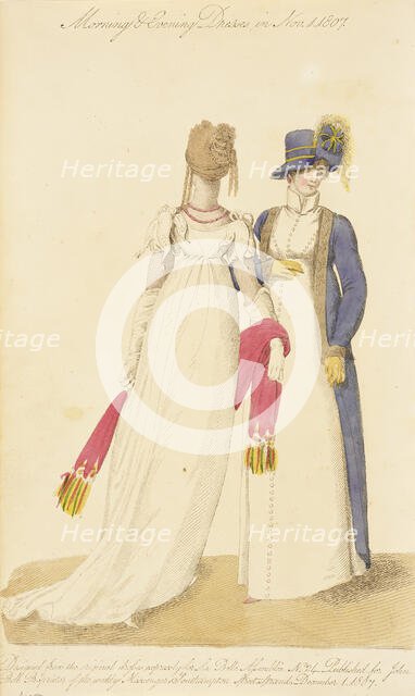 Fashion Plate (Morning & Evening Dresses in Nov. 1, 1807), 1807. Creator: John Bell.