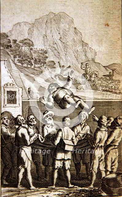 Don Quixote de la Mancha', scene of Sancho tossed in a blanket in the inn, edition of Warsaw, 1786.