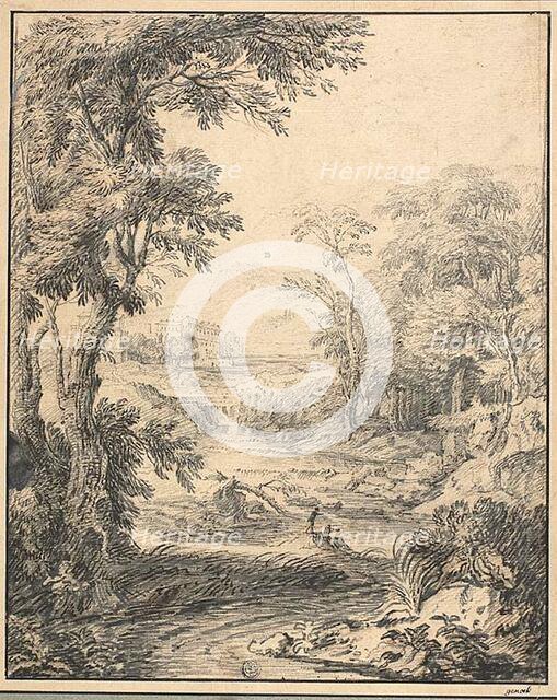 River Landscape with Two Figures in Foreground, Castle in Distance, n.d. Creator: Abraham Genoels II.