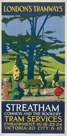 'Streatham Common and the Rookery', London County Council (LCC) Tramways poster, 1927. Artist: Tony Castle