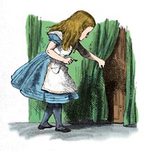 'Alice looking at a small door behind a curtain', 1889. Artist: John Tenniel.