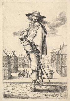 A gentleman, turned three-quarters to the left, wearing a hat and boots with spurs, carryi..., 1629. Creator: Abraham Bosse.