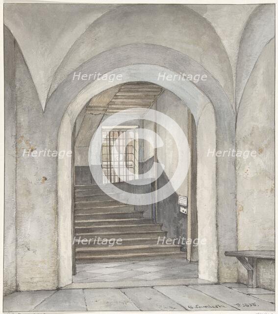 The stairs where Willem van Oranje was murdered, bullet holes and sign, 1835. Creator: Gerrit Lamberts.