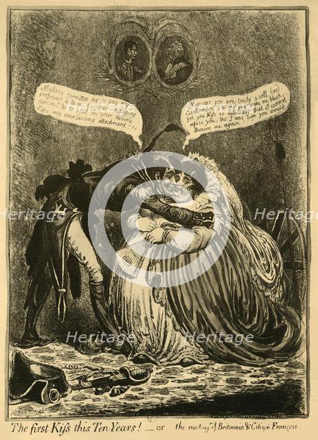 'The first Kiss this Ten Years! - or - the meeting of Britannia & Citizen François', 1803, (1921). Creator: Unknown.