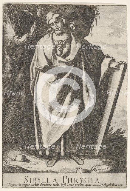 Plate 9: the Phrygian Sibyl holding the top of a tablet with her left hand and pointing wi..., 1609. Creator: Raffaello Schiaminossi.