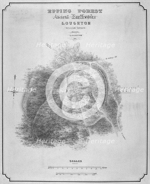 Map of the ancient earthworks at Loughton Camp made around AD 52 in Epping Forest, Essex, 1876. Artist: William d'Oyley