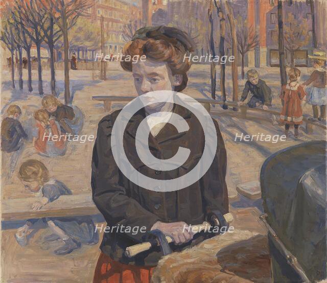 Spring; Young girl with a pram, 1910. Creator: Peter Hansen.