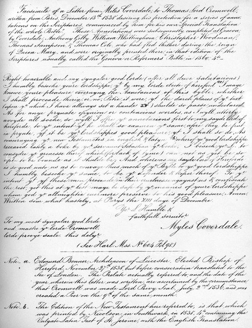 A letter from Miles Coverdale, Bishop of Exeter, to Thomas Lord Cromwell, 1538, (1840).Artist: Miles Coverdale