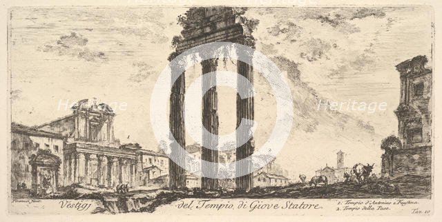 Plate 10: Ruins of the Temple of Jupiter Stator (Jupiter the Supporter). 1. Temple of ..., ca. 1748. Creator: Giovanni Battista Piranesi.