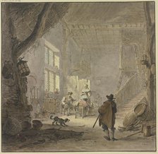 The interior of a house, two men and a woman at the window, a man seen from behind in the foreground Creator: Hendrik Meijer.