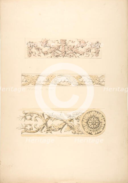 Three ornamental motifs in rococo style, 1889. Creators: Jules-Edmond-Charles Lachaise, Eugène-Pierre Gourdet.